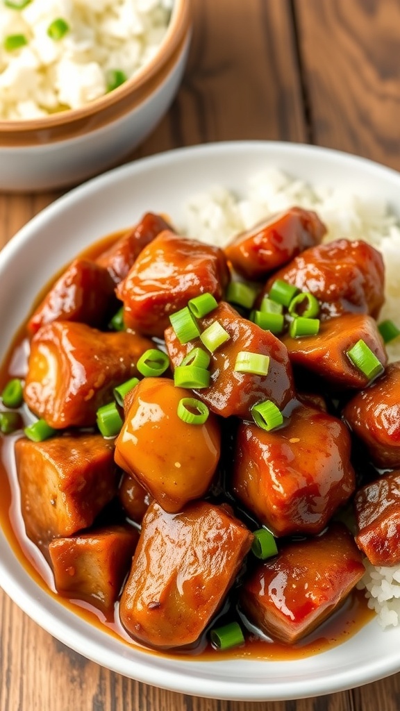 Air Fryer Pork Adobo Recipe Air fryer pork adobo served with rice, garnished with green onions on a rustic table.